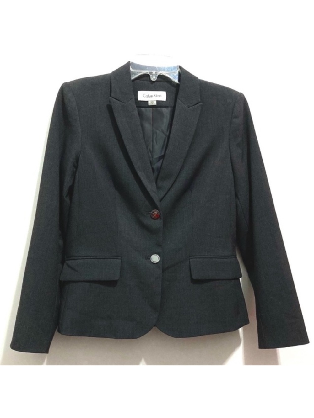 NEW Calvin Klein Women’s Dark Gray Black Two Button Sharp Shoulder Suit Blazer
